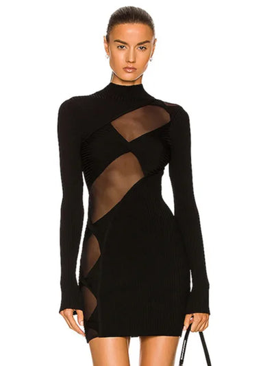 FLORENCE Turtleneck Mesh Bandage Mini Dress