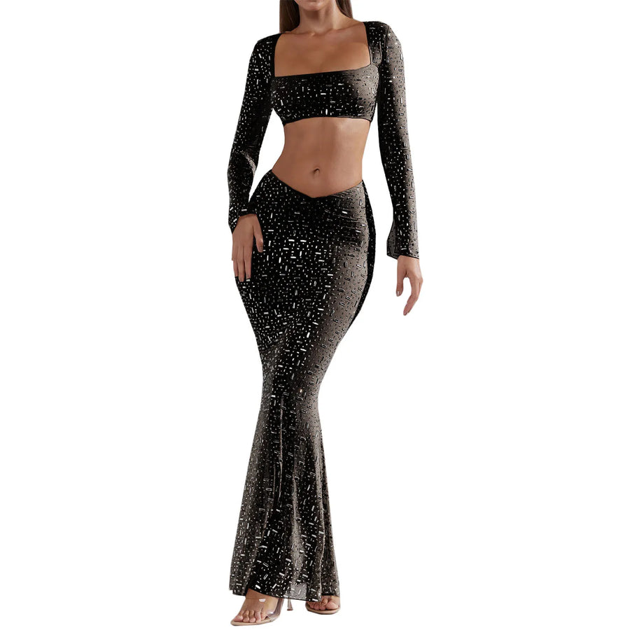 Mesh Diamond Long Sleeve Mermaid Dress