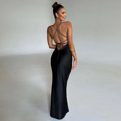 SOFIA Strap Backless Satin Long Dress