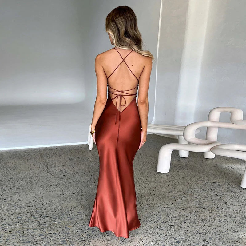 SOFIA Strap Backless Satin Long Dress