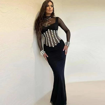 GALI Long Sleeve Mesh Beaded Maxi Gown