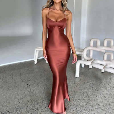 SOFIA Strap Backless Satin Long Dress